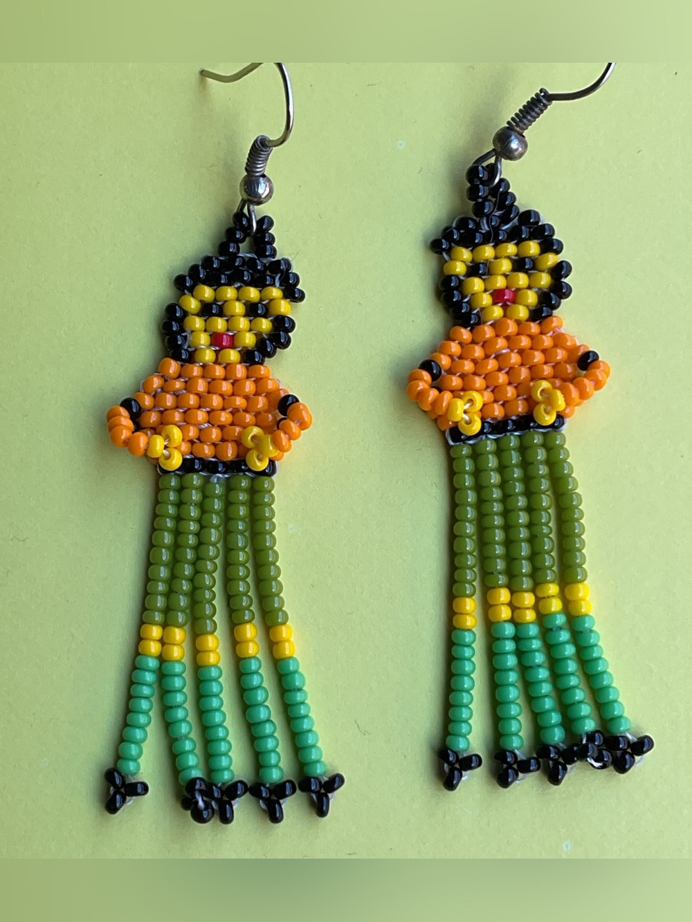 Handmade Beaded Fringe Doll Girl Huichol Earrings - Orange, Green, Yellow, Black